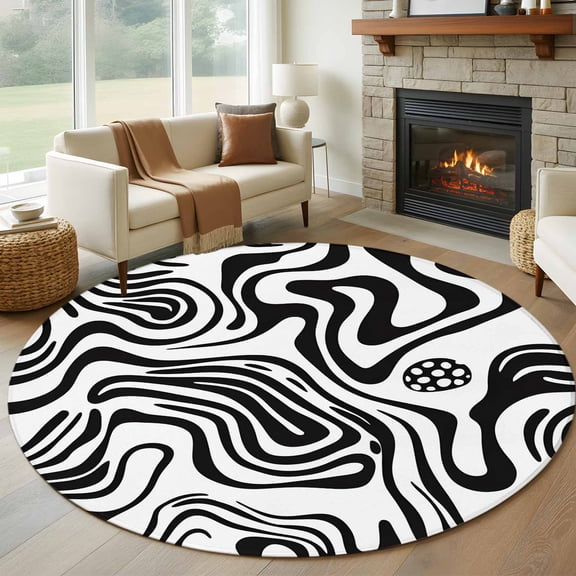 Abstract Waves 7ft Round Rug for Living Room Conversation Area, Black White Washable Non Slip Large Circle Area Rug