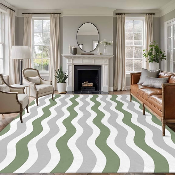 Abstract Waves 8'x10' Large Area Rug for Living Room Sectional Sofa, Green Grey Water Ripple Stripes Washable Non Slip Low Pile Rectangle Area Rug