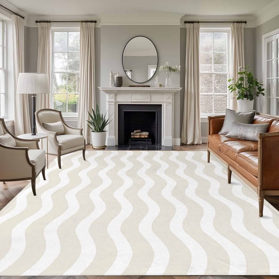 Abstract Waves 8'x10' Large Area Rug for Living Room Sectional Sofa, Stripes Cream Water Ripple Washable Non Slip Low Pile Rectangle Area Rug