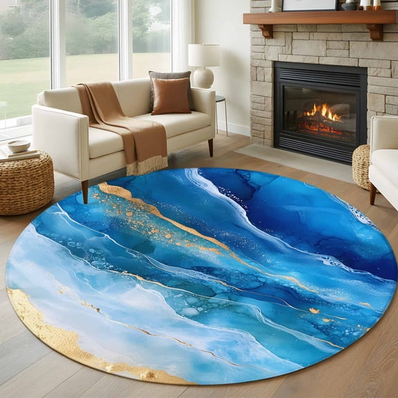 Abstract Waves 8FT Round Area Rugs for Living Room 111 Retro Blue Gold White Oil Painting Style Ultra-Thin Non-Slip Round Rugs Machine Washable Low Pile Circle Carpet for Bedroom Kitchen Nursery