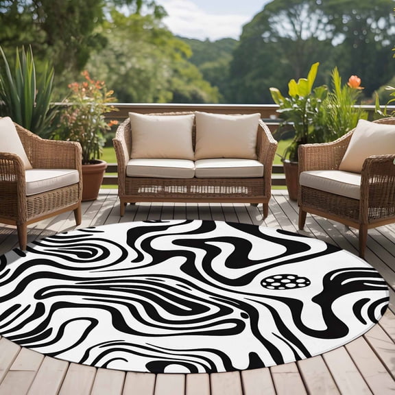 Abstract Waves 8ft Round Rug for Open Concept Living Room Seating Zone, Black White Washable Non Slip Large Circle Area Rug