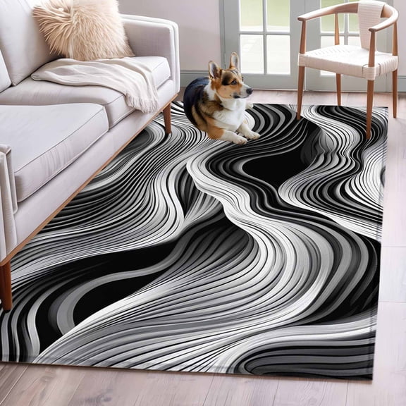 Abstract Waves Area Rug 3x5 FT, Non Slip Entryway Bedside Carpet, Black Grey Modern Geometric Striped Washable Soft Floor Carpet Indoor Mat Non-Shedding Throw Rugs for Dorm Kitchen Home Office