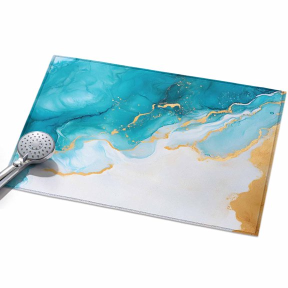Abstract Waves Area Rugs 2x3ft Blue Gold Retro Oil Painting Style Floor Rug Non Slip Low Pile Ultra Soft Throw Carpet for Entryway Indoor Entrance Kitchen Bathroom