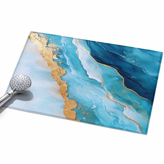 Abstract Waves Area Rugs 2x3ft Blue Gold White Retro Oil Painting Style Floor Rug Non Slip Low Pile Ultra Soft Throw Carpet for Entryway Indoor Entrance Kitchen Bathroom
