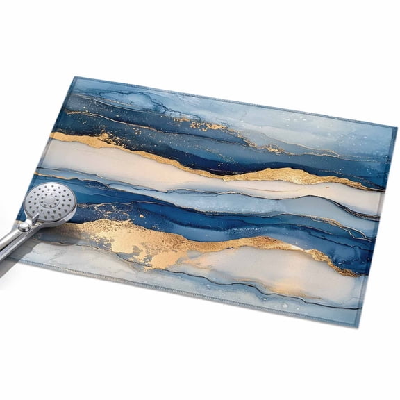 Abstract Waves Area Rugs 2x3ft Blue White Gold Oil Painting Retro Style Floor Rug Non Slip Low Pile Ultra Soft Throw Carpet for Entryway Indoor Entrance Kitchen Bathroom