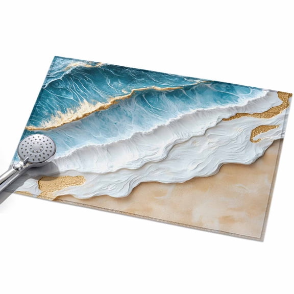 Abstract Waves Area Rugs 2x3ft Gold Beach Blue Ocean Oil Painting Style Floor Rug Non Slip Low Pile Ultra Soft Throw Carpet for Entryway Indoor Entrance Kitchen Bathroom