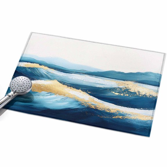 Abstract Waves Area Rugs 2x3ft Gradient Blue White Gold Waves Floor Rug Non Slip Low Pile Ultra Soft Throw Carpet for Entryway Indoor Entrance Kitchen Bathroom