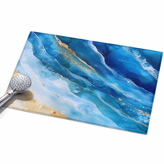 Abstract Waves Area Rugs 2x3ft Retro Blue Gold White Oil Painting Style Floor Rug Non Slip Low Pile Ultra Soft Throw Carpet for Entryway Indoor Entrance Kitchen Bathroom
