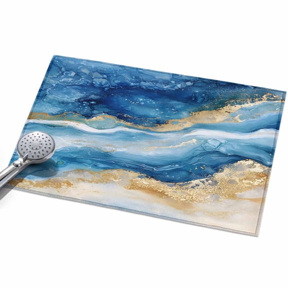 Abstract Waves Area Rugs 2x3ft Retro Blue White Gold Oil Painting Style Floor Rug Non Slip Low Pile Ultra Soft Throw Carpet for Entryway Indoor Entrance Kitchen Bathroom