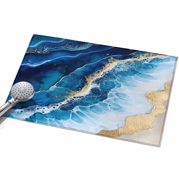 Abstract Waves Area Rugs 2x3ft White Blue Gold Oil Painting Retro Style Floor Rug Non Slip Low Pile Ultra Soft Throw Carpet for Entryway Indoor Entrance Kitchen Bathroom