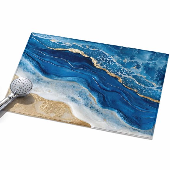 Abstract Waves Area Rugs 2x3ft White Gold Blue Ocean Oil Painting Style Floor Rug Non Slip Low Pile Ultra Soft Throw Carpet for Entryway Indoor Entrance Kitchen Bathroom
