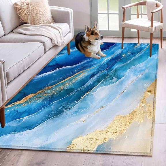 Abstract Waves Area Rugs 4x6 ft Retro Blue Gold White Oil Painting Style Washable Rug Non Slip Indoor Carpet Absorbent Floor Mat for Living Room Bedroom Dining Room