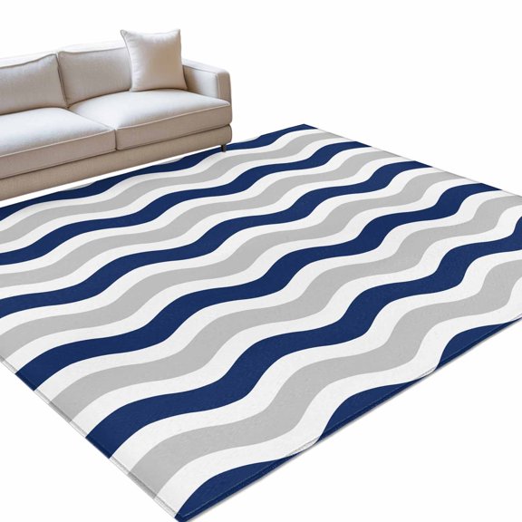 Abstract Waves Area Rugs 6x9ft Navy Blue Grey Water Ripple Stripes Floor Rug Non Slip Low Pile Ultra Soft Throw Carpet for Entryway Indoor Entrance Kitchen Bathroom