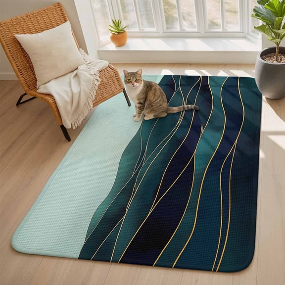 Abstract Waves Area Rugs for Living Room 5x6, Geometric Gold Line Mountain Sky Washable Area Rug with Non Slip Backing, Stain Resist Linen Carpet for Bedroom, Dining Room, Entryway, Entrance