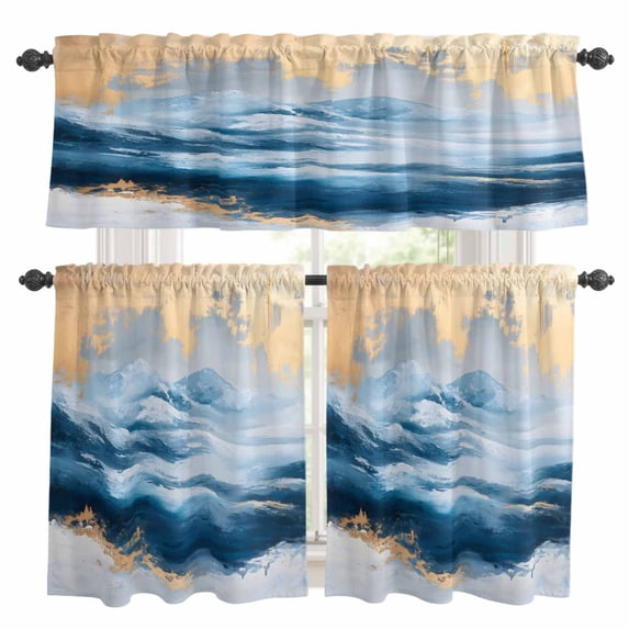 Abstract Waves Art Kitchen Curtains Valances and Tiers Set of 3 Gradient Blue White Sea Art Tier Curtains and Valance with Rod Pocket for Small Windows, 27.5"x24"