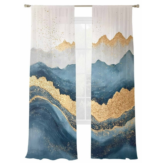 Abstract Waves Art Sheer Curtains for Living Room Bedroom, Light-filtering Sheer Curtain, Gradient Blue Gold White Sea Art Rod Pocket Voile Window Treatment Drapes, 52’’Wx96’’L, 2 Panels Set