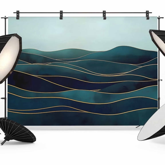 Abstract Waves Backdrop for Photography, Geometric Gold Line Mountain Sky Photo Backdrop Portrait Background Party Banner Photo Backgrounds for Studio Booth Props, 12x8ft