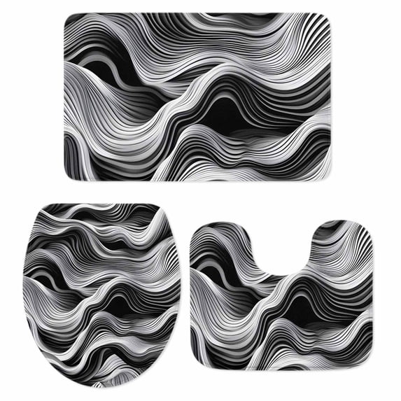 Abstract Waves Bath Mat 3 Piece Bathroom Rug Set, Black Grey Modern Geometric Striped Non Slip Bath Rug Contour Mat and Toilet Lid Cover, Absorbent Shower Mats Soft Bath Rugs and Mats Sets