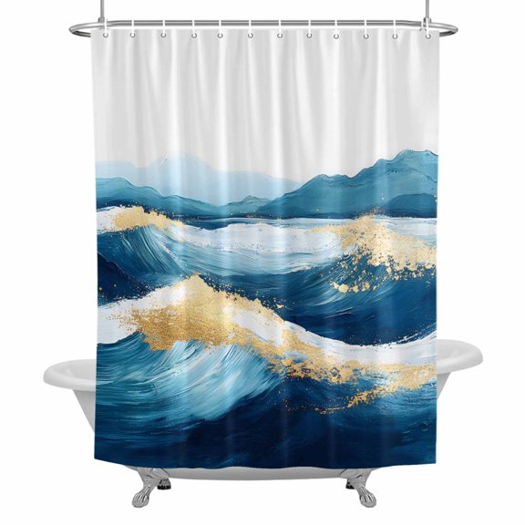 Abstract Waves Bathroom Shower Curtain, Gradient Blue White Gold Waves Waterproof Washable Soft Bath Curtain for Bathtub Decor with 12 Hooks&Grommet, 66x72 Inch