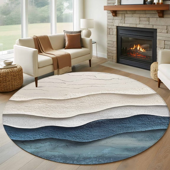 Abstract Waves Beach Art 6FT Round Area Rugs for Living Room 111 Blue Beige Oil Painting Style Ultra-Thin Non-Slip Round Rugs Machine Washable Low Pile Circle Carpet for Bedroom Kitchen Nursery