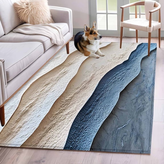 Abstract Waves Beach Art Area Rugs 4x6 ft Beige Blue Oil Painting Style Washable Rug Non Slip Indoor Carpet Absorbent Floor Mat for Living Room Bedroom Dining Room