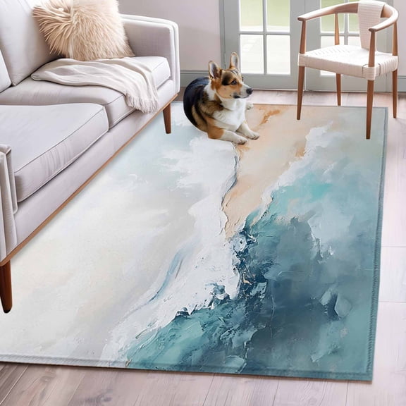 Abstract Waves Beach Art Area Rugs 4x6 ft Oil Painting Style Blue Sea Washable Rug Non Slip Indoor Carpet Absorbent Floor Mat for Living Room Bedroom Dining Room