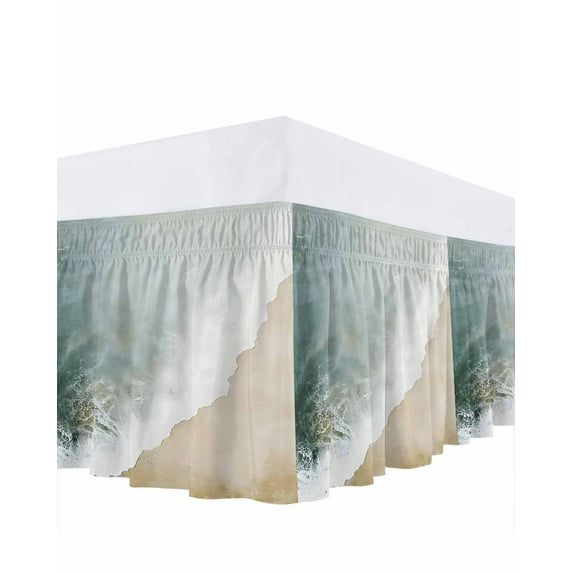Abstract Waves Beach Art Bed Skirt King Size 16" Drop Sea Oil Painting Style Ruffled Wrap Around Bed Skirts Adjustable Elastic Bedskirt Dust Ruffle for King Size Bed