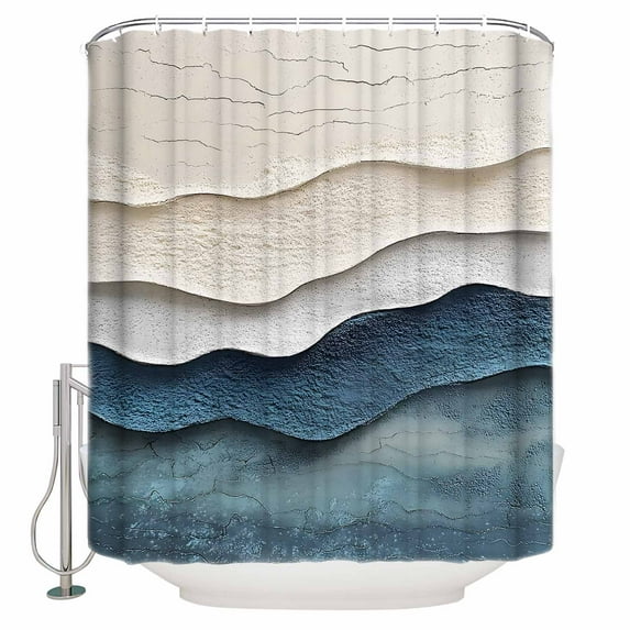 Abstract Waves Beach Art Shower Curtain, 66" x 72", Blue Beige Oil Painting Style Waterproof Bathroom Curtain Washable Shower Curtain Set with 12 Hooks