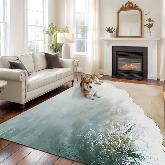 Abstract Waves Beach Art Washable Area Rug 5x7 111 Sea Oil Painting Style Low-Profile Large Area Rugs with Non Slip Backing Indoor Floor Carpet for Entrance Living Room Bedroom Home Office