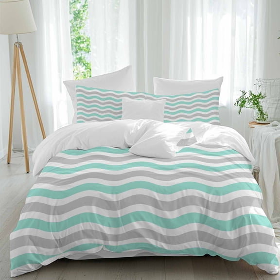 Abstract Waves Bedding Duvet Cover Set Twin Size 4 Pieces, Teal Green Grey Water Ripple Stripes Bedding Set with Zipper Closure, 1 Comforter Cover 68x90 Inches 1 Flat Sheet & 2 Pillow Cases