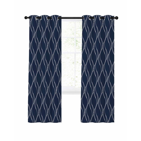 Abstract Waves Blackout Curtains for Bedroom Living Room, Modern Abstract Geometric Navy Blue Water Ripples 63 In Long Thermal Insulated Room Darkening Drapes Grommet Window Treatments, 52 x 63 In