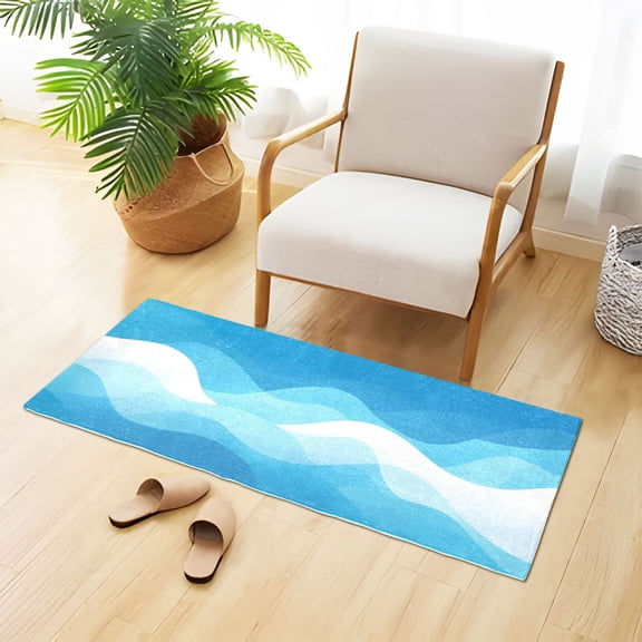 Abstract Waves Blue Plush Carpet Non Slip Runner Rug Absorbent Bath Mat 39" x 20"