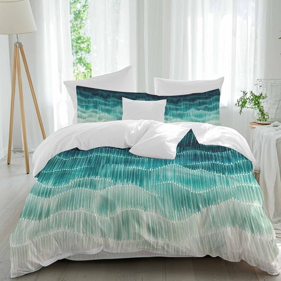 Abstract Waves California King Duvet Cover Set, Boho Blue Teal Cream Ombre Striped Flowing Layers 4 Piece Soft Cozy Comforter Cover Bedding Set with Zipper, 1 Duvet Cover, 1 Flat Sheet, 2 Pillowcase