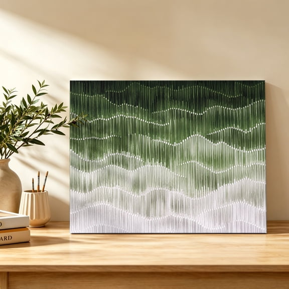 Abstract Waves Canvas Wall Art, Modern Minimalist Green White Textured Line Wall Art Prints Artwork Framed Canvas Ready to Hang Art Pictures for Bathroom Bedroom Entry Desk Corner 10" x 8"