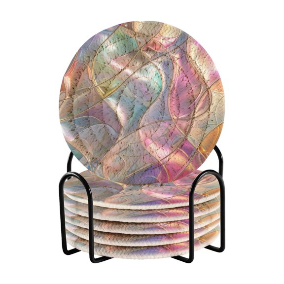 Abstract Waves Curves 6 Pcs Drink Coasters with Holder Absorbent Coasters Woven Coasters for Drinks Table Desk Protection Home Decor