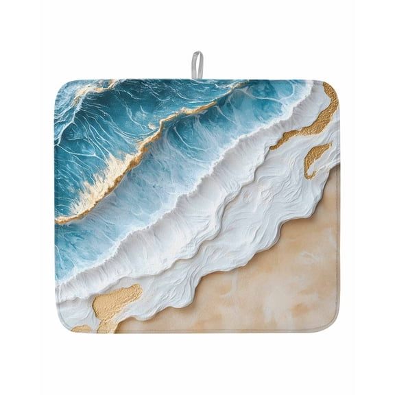Abstract Waves Dish Drying Mat 16x18 inch Gold Beach Blue Ocean Oil Painting Style Super Absorbent Microfiber Dish Drying Pad for Kitchen Countertops Sink Dish Drainer Racks Coffee Bar Mats 1 Pack