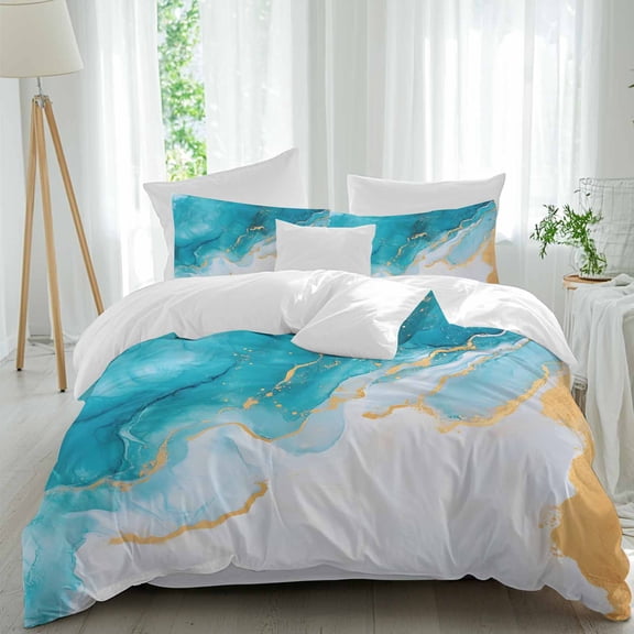 Abstract Waves Duvet Cover Set California King Size Blue Gold Retro Oil Painting Style Soft Lightweight Comforter Covers 4 Piece Bedding Set with 1 Duvet Cover 1 Bed Sheet & 2 Pillow Shams