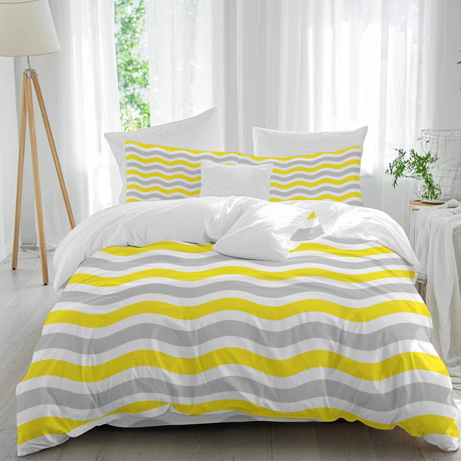 Abstract Waves Duvet Cover Set Queen Size, Yellow Grey Water Ripple ...
