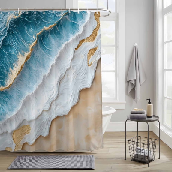 Abstract Waves Fabric Shower Curtain for Bathroom Gold Beach Blue Ocean ...