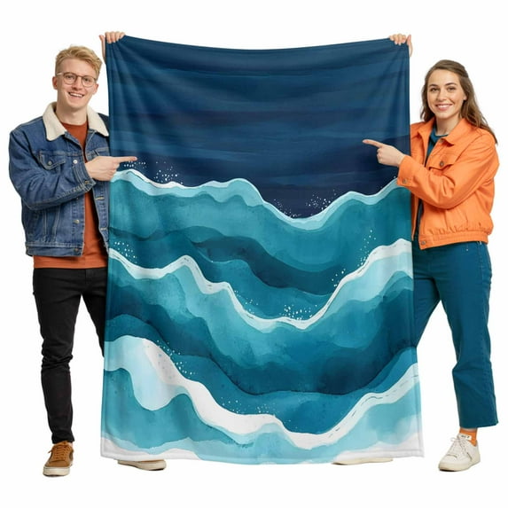 Abstract Waves Flannel Blanket for Bed,Travel and Camping, Navy Blue Wave Gradient Navy Background Super Soft Cozy Blanket for All Seasons 60"x80"