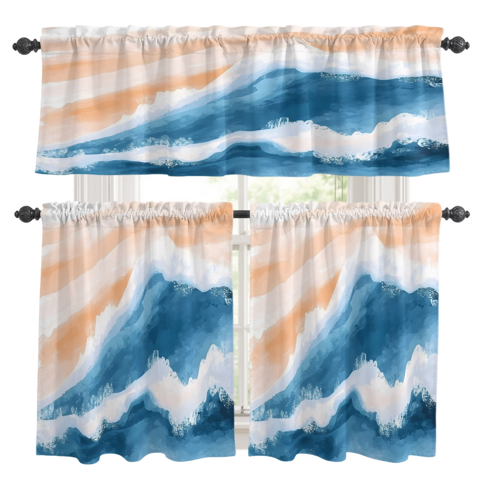 Abstract Waves Kitchen Curtains Set for Windows, Orange Blue Gradient ...