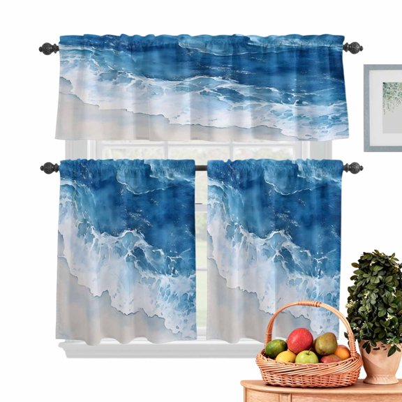 Abstract Waves Kitchen Curtains Valances 3 Piece Set, Blue Ocean Spray Seaside Watercolor Rod Pocket Tier Curtain and Valance Drapes for Small Window 36 Inch Length for Bedroom Cafe