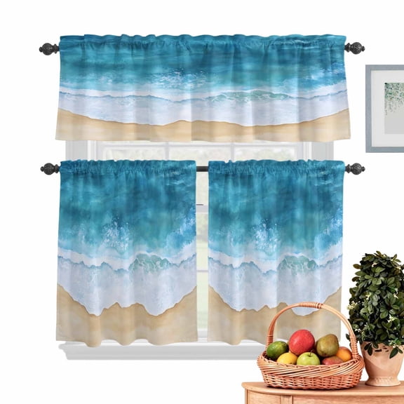 Abstract Waves Kitchen Curtains Valances 3 Piece Set, Blue White Ocean Seaside Spray Watercolor Rod Pocket Tier Curtain and Valance Drapes for Small Window 24 Inch Length for Bedroom Cafe