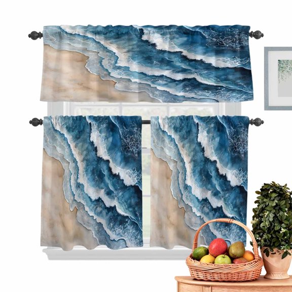 Abstract Waves Kitchen Curtains Valances 3 Piece Set, Spray Blue White Ocean Seaside Watercolor Rod Pocket Tier Curtain and Valance Drapes for Small Window 24 Inch Length for Bedroom Cafe