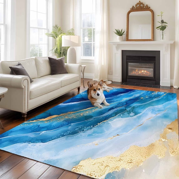 Abstract Waves Large Area Rugs 8x10 ft Retro Blue Gold White Oil Painting Style Washable Rug Non Slip Indoor Carpet Absorbent Floor Mat for Living Room Bedroom Dining Room