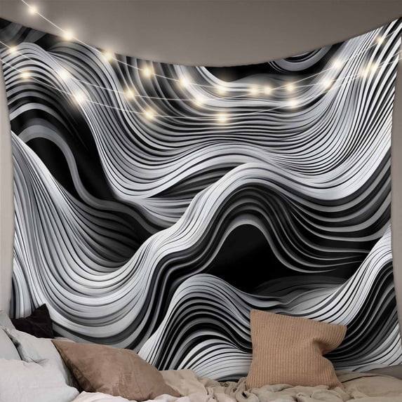 Abstract Waves Large Tapestry for Bedroom Wall Hanging Tapestry, Black Grey Modern Geometric Striped Ceiling Backdrop Tapestries Poster Blanket Wall Decor for Teens Room Living Room Dorm 85" x 90"
