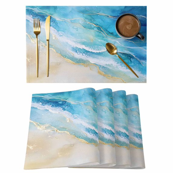 Abstract Waves Placemats Set of 6, Surrealism Spray Beach Ocean Watercolor Non-Slip Place Mats Washable Table Mats for Kitchen Dining Table Decorations Indoor/Outdoor