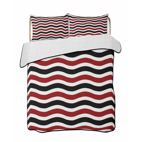 Abstract Waves Quilts Bedding Set Queen Size Red Black Water Ripple Stripes Lightweight Quilted Bedspread 3 Piece Bed Quilt with 2 Pillow Shams All Season for Bedroom 78" x 90"