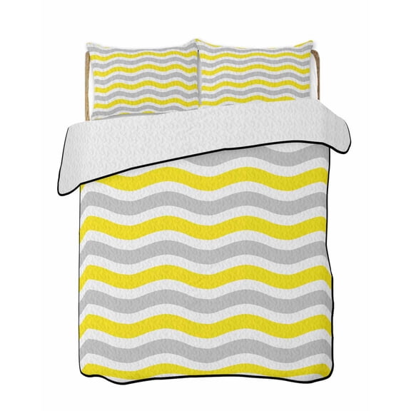 Abstract Waves Quilts Bedding Set Queen Size Yellow Grey Water Ripple Stripes Lightweight Quilted Bedspread 3 Piece Bed Quilt with 2 Pillow Shams All Season for Bedroom 78" x 90"