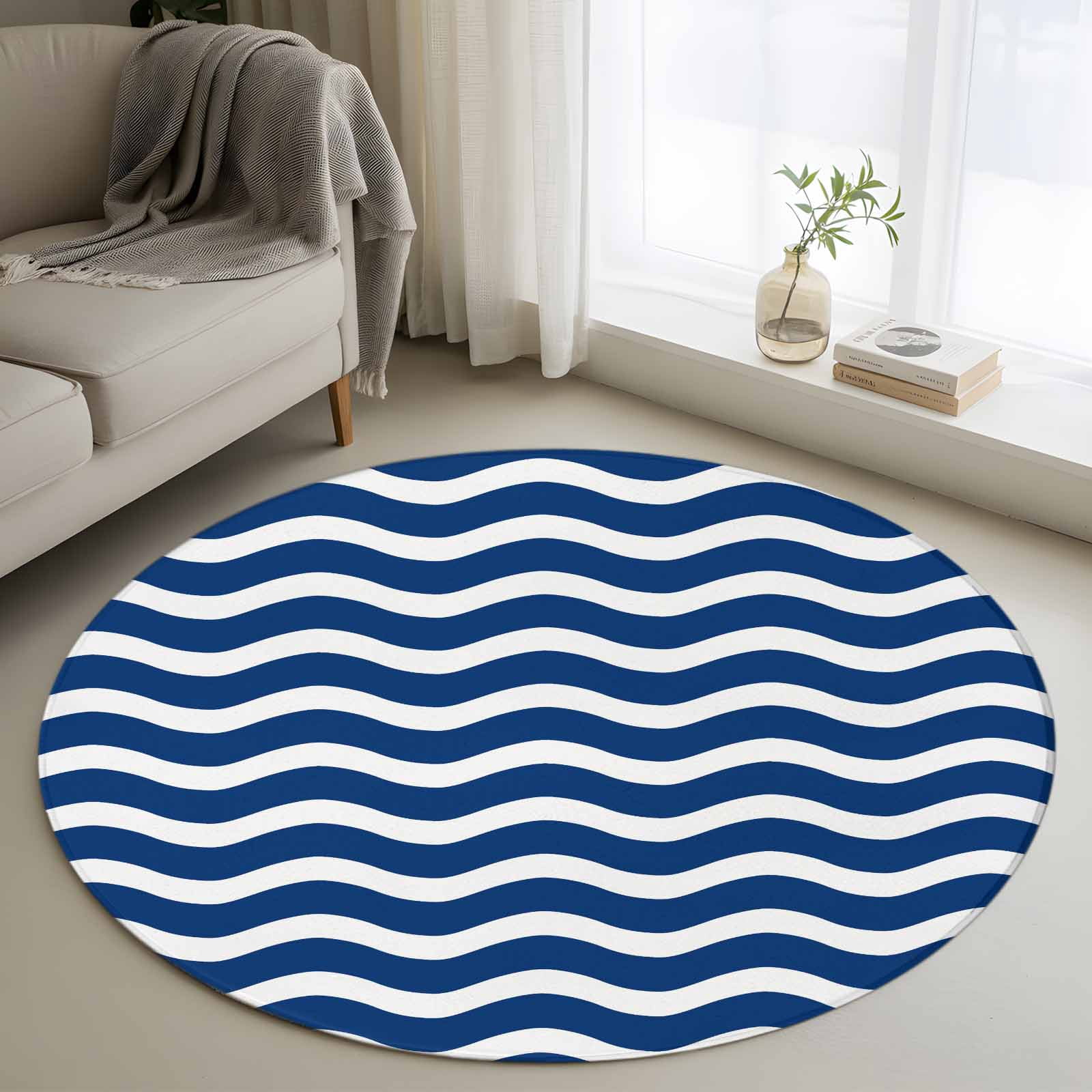 Abstract Waves Round Area Rugs 3 ft, Stripes Navy Blue Water Ripple ...